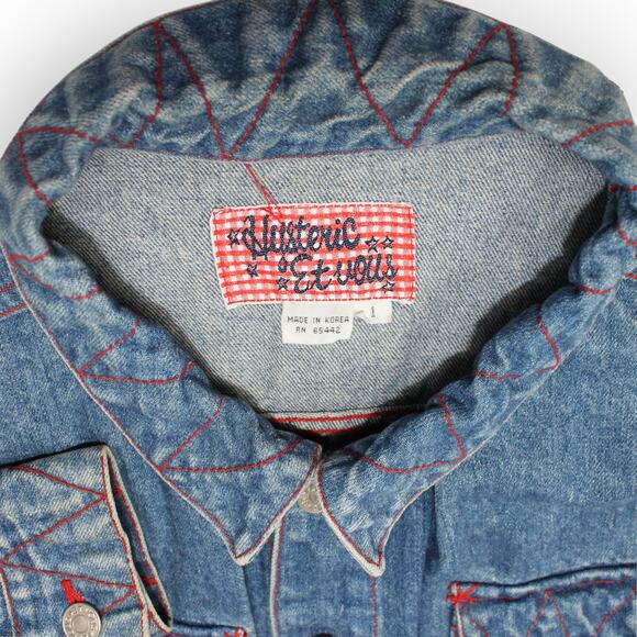 Vintage M/L HystericEtVous Crop Denim Jean Jacket Western Red Gingham Cowgirl - Picture 4 of 16